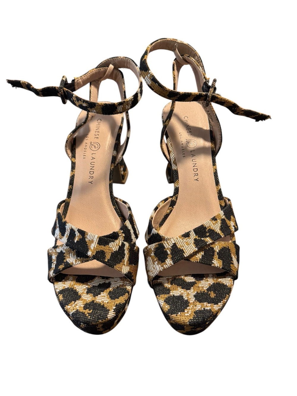 Chinese Laundry Black and Gold Leopard Ankle-Tie Block Heels